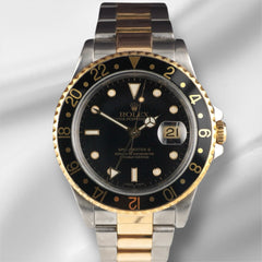 Rolex 40mm GMT Master II Steel Yellow Gold Black Dial Men's Watch 16713