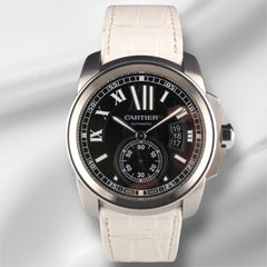 Cartier Calibre 42mm Black Dial Stainless Steel Leather Band Men's Watch 3389