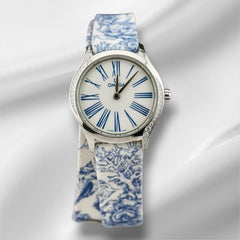 Omega 26mm De Ville Mini Tresor Steel Diamonds Ladies Watch Blue Strap 428.17.26
