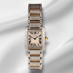 Cartier 25x20mm Tank Silver Dial 4ct Diamond Steel Ladies Watch 2384