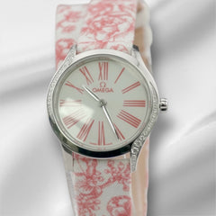 Omega 26mm De Ville Mini Tresor Steel Diamonds Ladies Watch Red Strap 428.17.26