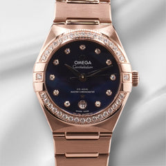 Omega 29mm Constellation 18K RG Blue Diamond Dial Watch 131.55.29.20.53.001