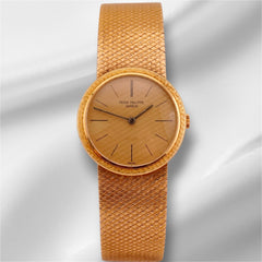 Patek Philippe 25mm 18K YG Mesh Band Gold Dial Ladies Watch 3338