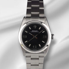 Rolex Oyster Perpetual 31mm Black Dial Steel Ladies Watch 77080 Papers