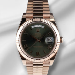 Rolex Day-Date 41mm Rose Gold Olive Green Dial Presi Bracelet Men's Watch 228235
