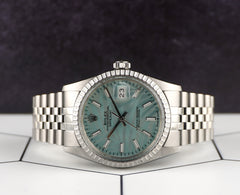 Rolex 36mm Datejust Steel Engine-Turned Jubilee Blue Motif Dial Watch 16030