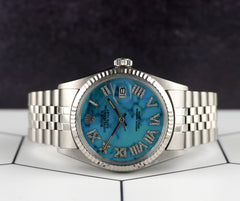 Rolex 36mm Datejust Steel Fluted Marble Blue Roman Dial Watch 16014